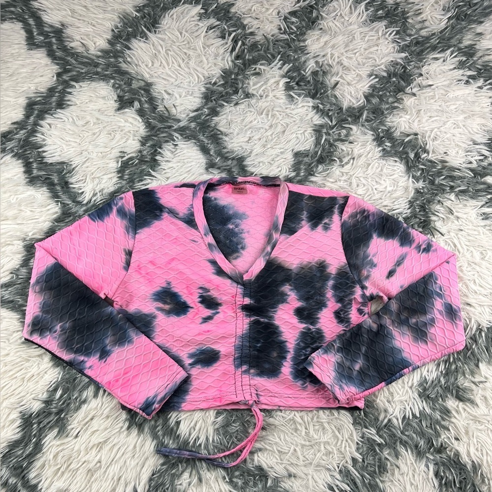 Suzzi Active Wear Women's Long Sleeve Pink Black Crop Top Size Medium